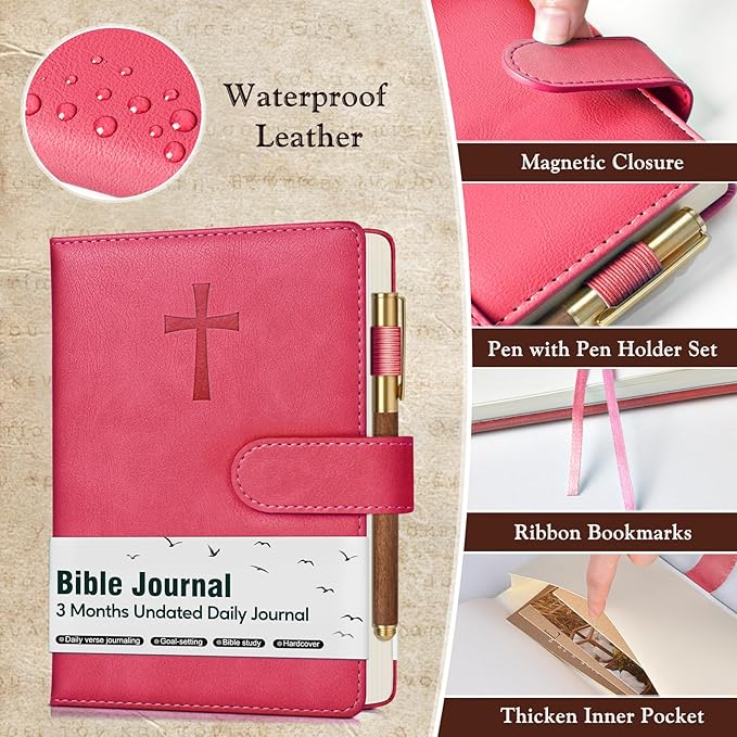 Leather Christian Bible Journal for Women, Prayer Journal for Scripture Study, Daily Devotional, Undated Church Notes Notebook, Jesus Religious Faith Gifts for Pastor, Graduation, Baptism, Magenta