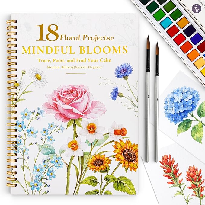 Watercolor Workbook for Beginners,18 Floral Water Coloring Book,Relaxing & Easy to Paint Water Coloring Book with 24 Colors-Perfect for Gifting to Creativity & Joy for Adults