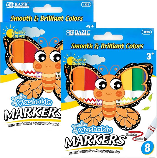 BAZIC PRODUCTS Washable Markers 8 Count Broad & Fine Tip, 2-Pack