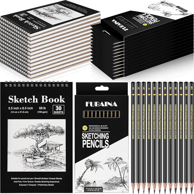 Humyoun 24 Pcs Top Spiral Bound Sketch Pad with Drawing Pencils Set, 5.5 x 8.5 Inch Sketchbook, 68lb(100gsm) Thick Paper, Charcoal & Graphite Pencils (12B-4H) for Shading, Artists & Beginners