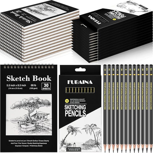 Humyoun 24 Pcs Top Spiral Bound Sketch Pad with Drawing Pencils Set, 5.5 x 8.5 Inch Sketchbook, 68lb(100gsm) Thick Paper, Charcoal & Graphite Pencils (12B-4H) for Shading, Artists & Beginners