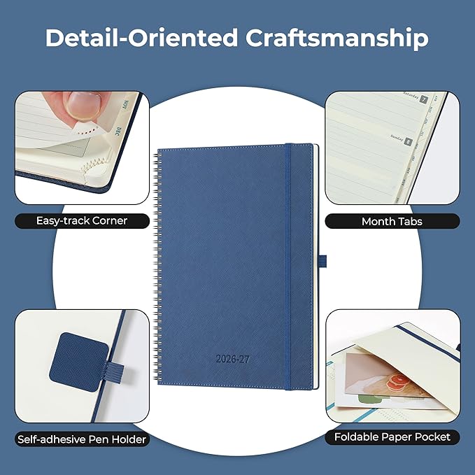 Planner 2026-2027 Daily Weekly and Monthly,11.5"x8.5",18 Months Spiral Bound Calendar Agenda with Self-adhesive Pen Holder,2026 Academic Plan with Vegan Leather Soft Cover,Blue