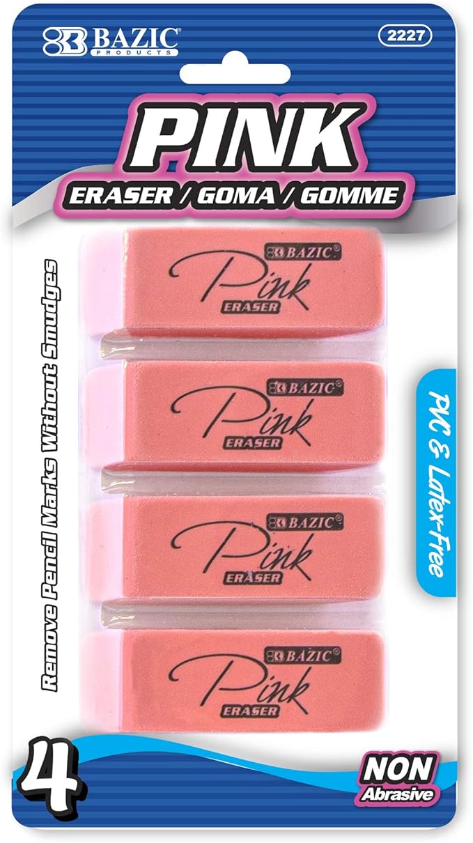 BAZIC Products Pink Erasers, 4-Pack, PVC & Latex-Free