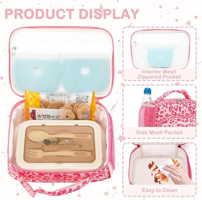 FlowFly Kids Lunch box with buckle Insulated Cooler Back to School Thermal Meal Tote Kit for Girls, Boys, Pink Cow