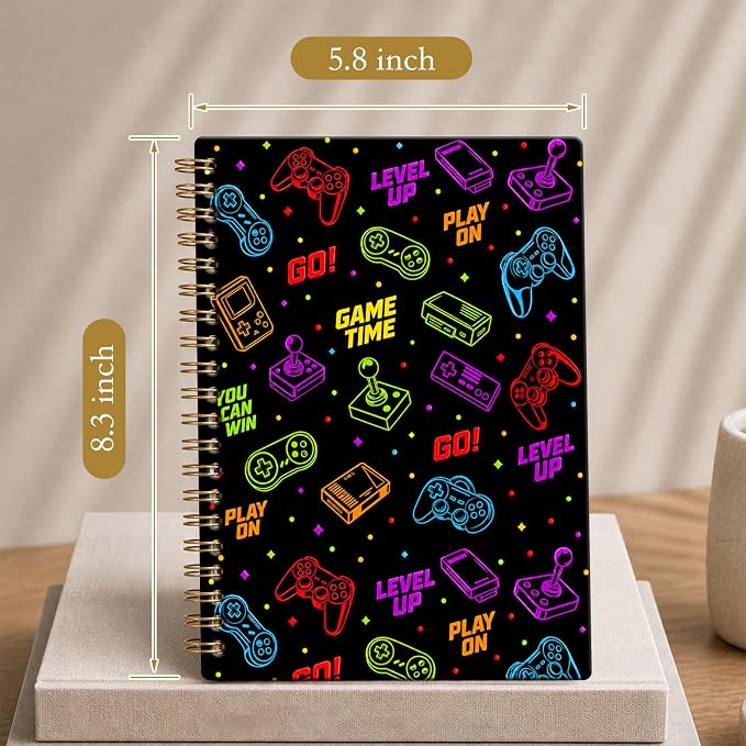 ATJFKIXL Cute Spiral Journal Notebook, A5 120 Page College Ruled Wirebound Notebook, Soft Cover for Students Office Notes and Planning - Black Gamer Icons