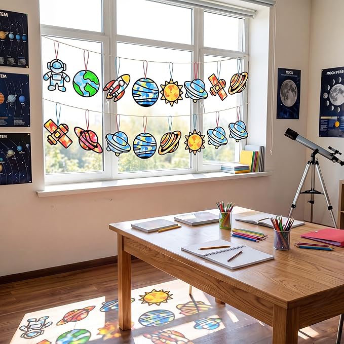 Renbuzhu 48PCS Solar System Space Paper Suncatchers DIY Project Kits, Back to School Window Stained Glass Effect Art Supplies for Party