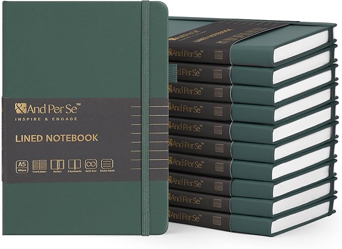 &And Per Se 10-Pack Lined Notebooks, A5 Hardcover, 160 Pages 100gsm Thick Paper, Office Supply Bulk Order, Corporate New Hire Kits, Breakroom Essentials – College Ruled, 10 Units (Green)