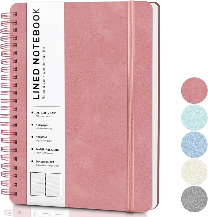Lined Spiral Journal Notebook with 160 Pages, 8×5.7in, A5 Spiral Notebook, Journaling Notebooks for Work, School, Women, Men, College Ruled Spiral Notebook, Hardcover Leather Journals, Light Red
