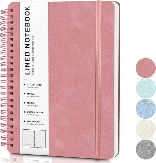 Lined Spiral Journal Notebook with 160 Pages, 8×5.7in, A5 Spiral Notebook, Journaling Notebooks for Work, School, Women, Men, College Ruled Spiral Notebook, Hardcover Leather Journals, Light Red