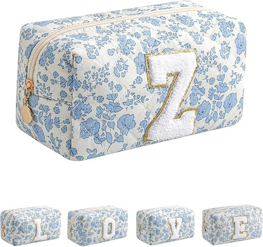 JOVAKIT Alphabet Makeup Bag Cosmetic Bag for Women, Christmas Gifts for Girls Age 6-18, Floral Flowers Coquette Travel Toiletry Zipper Make Up Pouch Organizer Trendy Stuff (Blue Floral Z)