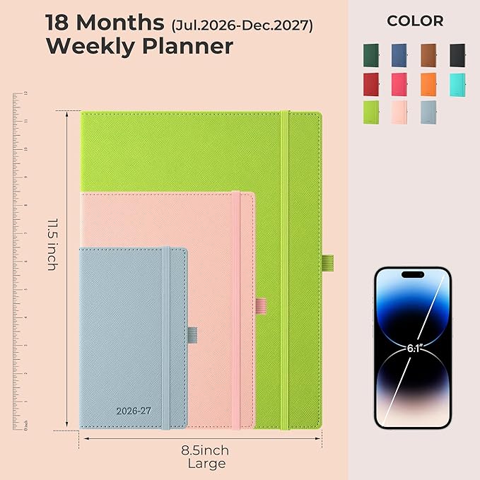Weekly Monthly 2026-2027 Planner (July 26-Dec 27),11.5"x8.5",18 Months Agenda Plan with Month Tabs & Pocket,Expenses/Note Pages, Academic Calendar with Vegan Leather Cover,Dusty Blue