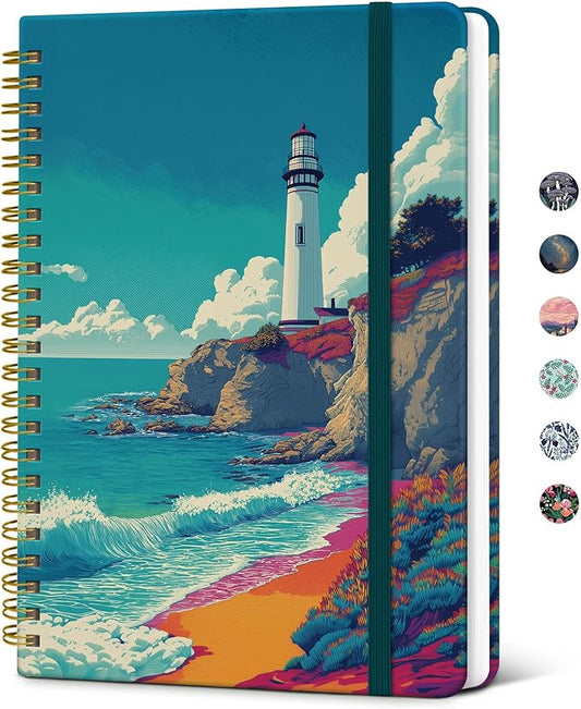 Taja Lined Spiral Journal Notebook for Women, Pretty College Ruled Notebook for Work & Note Taking, A5 Hardcover Journal for Writing, Cute Aesthetic 140 Pages, Coastal Beacon