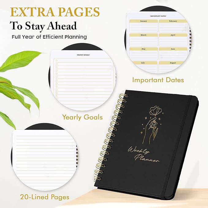 Undated Weekly Planner & Notebook for Work, School & Home — Aesthetic Hardcover Spiral Blank Planner with Habit Tracker, Goal Organizer & To Do List—124 No-Bleed Pages, 6.4×8.5", Black