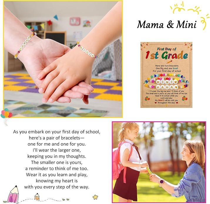 BAYLAY Back to School Bracelet - First Day of School Preschool/Kindergarten/1st Grade/2nd Grade/Back to School Stuff Gifts Supplies Mommy and Me Mommy Daughter Bracelets Heart Beaded Bracelets Gifts