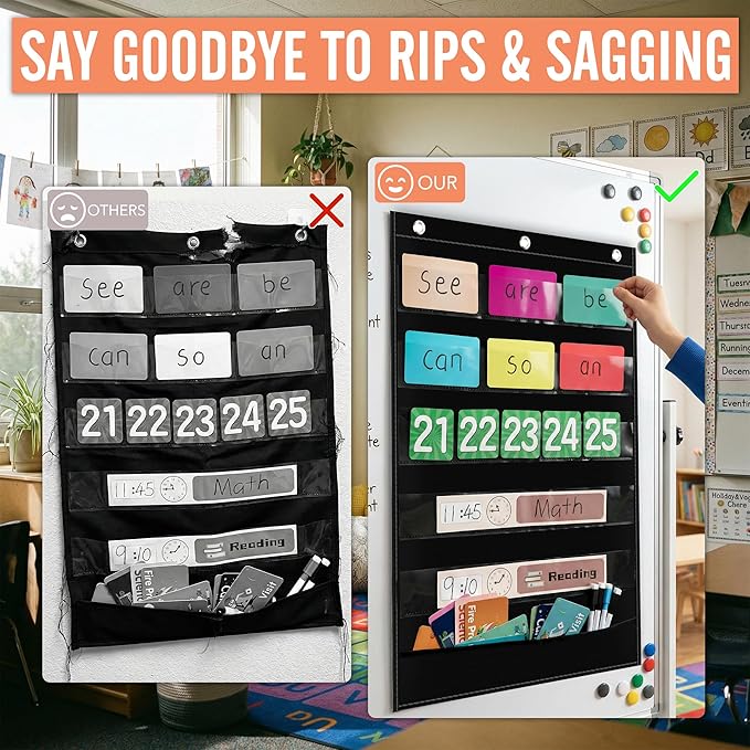 Pocket Chart for Classroom - 5+1 Small Black Pocket Chart for Alphabet Learning Word Wall Calendar Daily Schedule Sentence Strips Sticker Display, Teacher Supplies for Preschool Kindergarten & Home