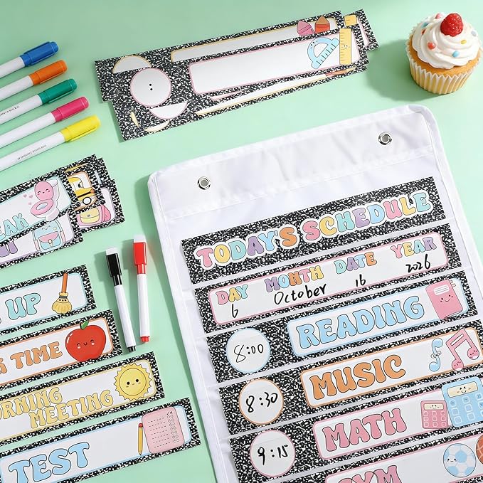 Daily Schedule Chart Composition Notebook Classroom Decor 15+1 Pockets Visual Scheduling Chart with 30 Reusable Cards 3 Erasable Pens and 2 Hangers for Teacher School Office Home Preschool Activity