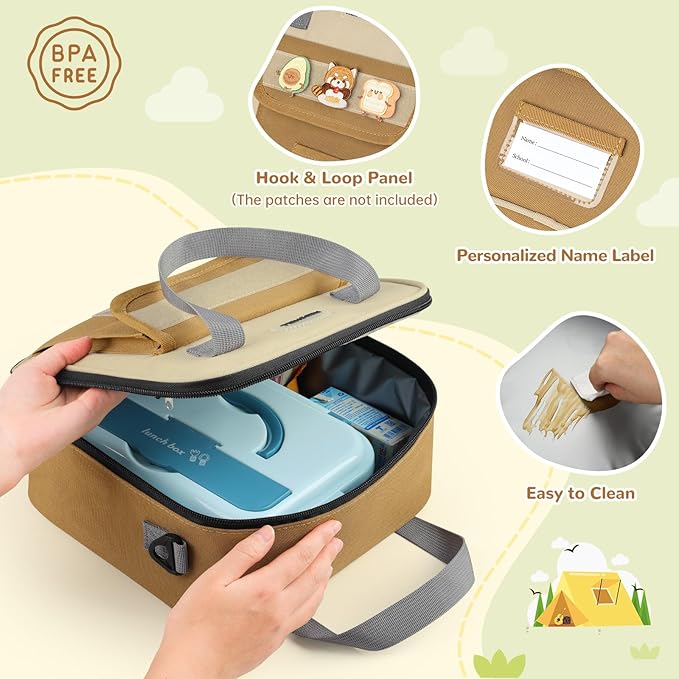 REDSHELL Tactical Lunch Box Kids, Large Insulated Lunch Bag for Boys Girls, Cooler Lunchbag, Square Toddler Lunchbox, School Daycare Lunch Tote Pail with Water Bottle Holder Shoulder Strap, Brown