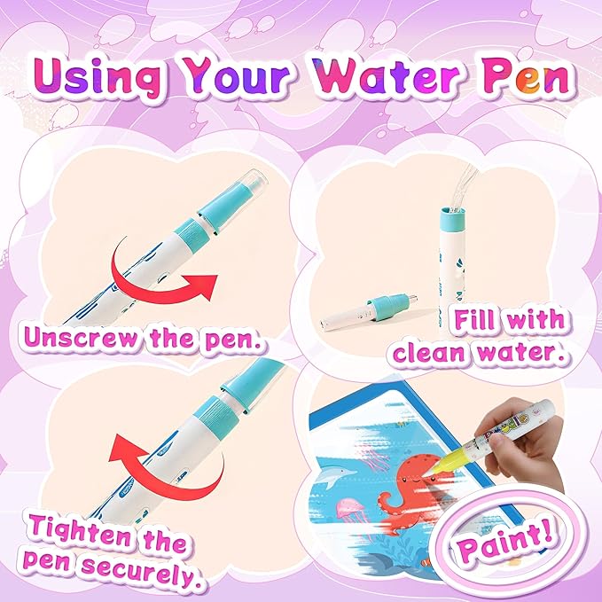 Reusable Water Coloring Books for Toddlers 1-3 with 18+ Stickers & No-Mess Pen, Sea World Theme Water Coloring Books for Toddlers 1-3, Magic Paintless Painting Book for Toddler，Paintless Painting Book