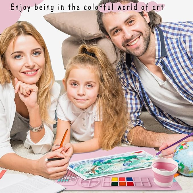 DIYDEC Silicone Craft Mat with Detachable Cup 20X16 Inch Large Silicone Painting Mat for Kids Art Supplies with 10 Painting Brushes Drawing Sheets for Adult DIY Accessories (Pink)