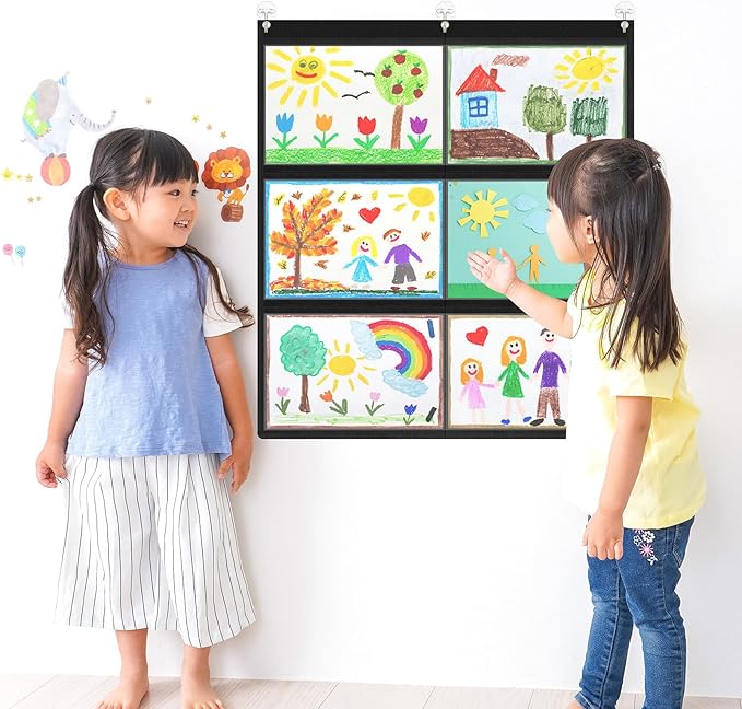 MotiMind 1 Pcs 6 Pockets Black Classroom Chart with Large Pockets 28.3 x 24.4 in, A4 Classroom Schedule Pocket Chart for Cards, Drawing, Pictures, Homework, Teacher Office Activities