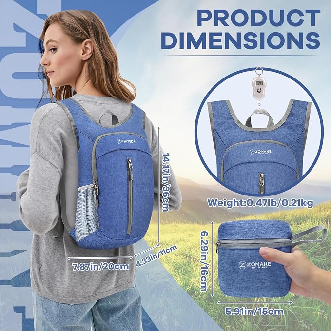 ZOMAKE 10L Ultra Lightweight Packable Backpack, Small Daypack Light Foldable Backpacks Water Resistant Day Bag for Hiking(Dark Blue) | Water Resistant Collapsible Backpacks for Women Men, Everyday Carry, Multi Compartment Storage,Adjustable Strap(Dark ...