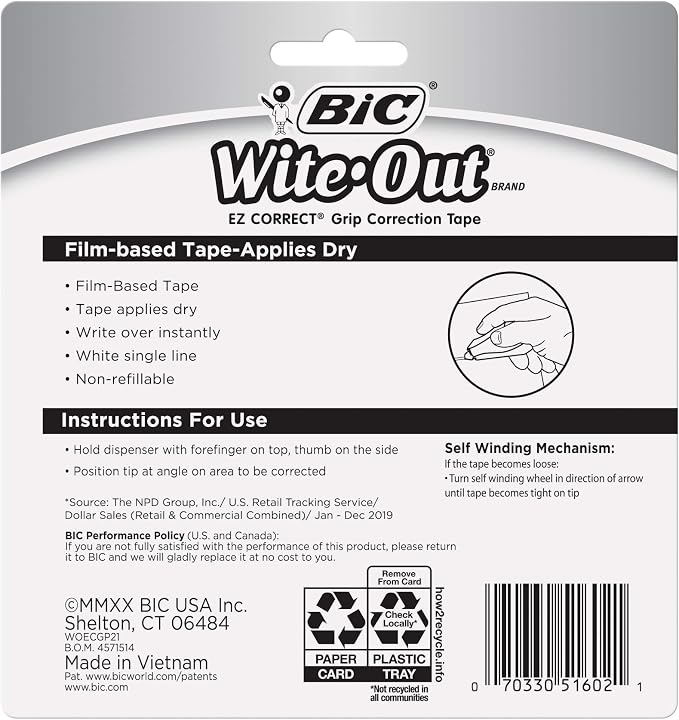 BIC Wite-Out Brand EZ Correct Grip Correction Tape,19.8 Feet,of White Correction Tape,Fast,Clean and Easy to Use Tear-Resistant-Tape Office or School Supplies,2 Count (Pack of 2)