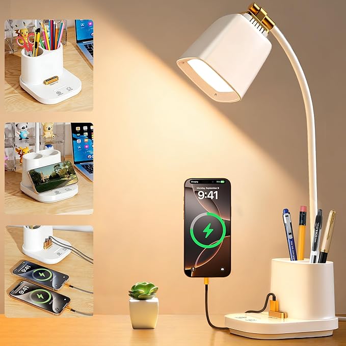 LED Desk Lamps for Home Office with Charger Desk Light Table Lamp W/ Organizer for Bedroom/Study/Reading/Work/Task, Gooseneck Small Desk Lamp for Craft/Artist/Puzzle/Drawing,Eye-Caring LED Office Lamp