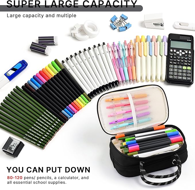 TOPBIDAI Large Pencil Case Pouch School Supplies for Girls Boy Women Men | Big Pencil Bag with 5 Compartments, Easy Grip Handle, Office College School Pencil Box