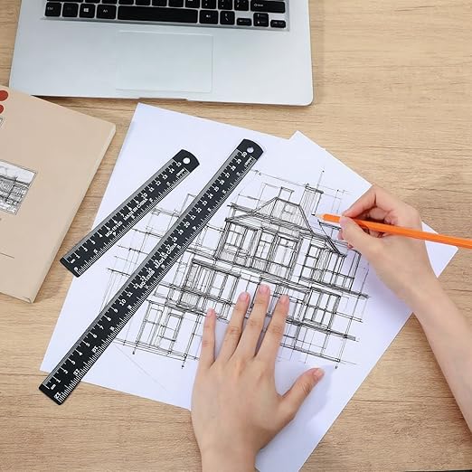 Ouligay 2Pcs 12 Inch 6 Inch Metal Ruler Set Metal Rulers with Centimeters and Inches Straight Ruler for Drawing, Home, Office, Engineering, Easy to Read