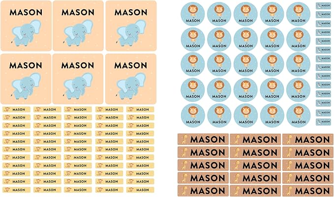 Andaz Press Custom Personalized Waterproof School Name Labels, Safari Animals, 120-Pack, Kids Labels Combo Pack, Customizable Multi-Use Name Stickers for Preschool, Daycare, Supplies, Office, Camping