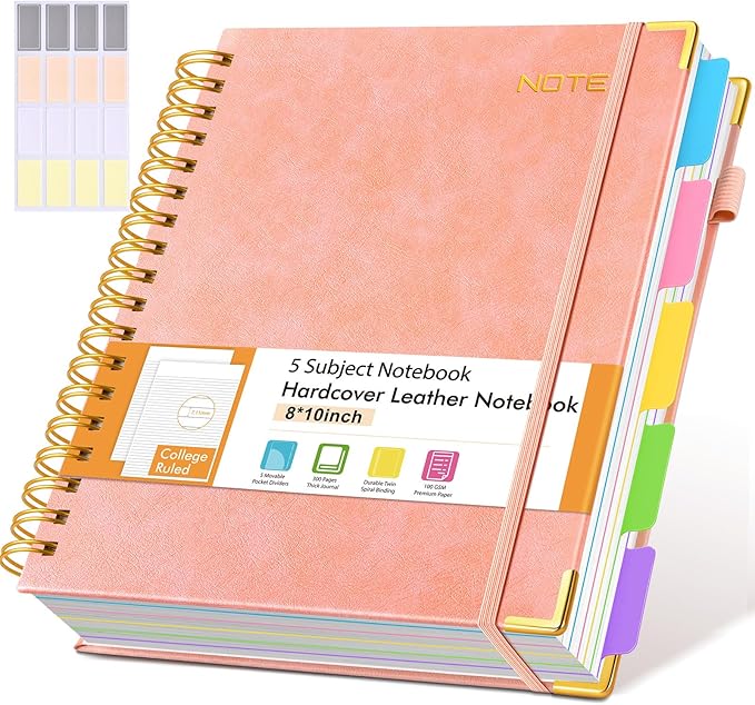 Hardcover Large Spiral Notebook journal with Removable Dividers Tabs, 300 pages Leather 5 Subject Notebook College Ruled, 8" x 10"Journal for Women Men, Notebooks for Work School Note taking,B5 Pink