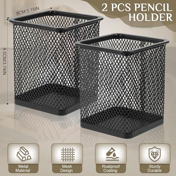 2 Pack Square Metal Pen Holder for Desk, 3.15 x 3.74 IN Pen Cups, Pencil Holder Workspace Organizers for School Office- Desk Accessories & Storage, Black