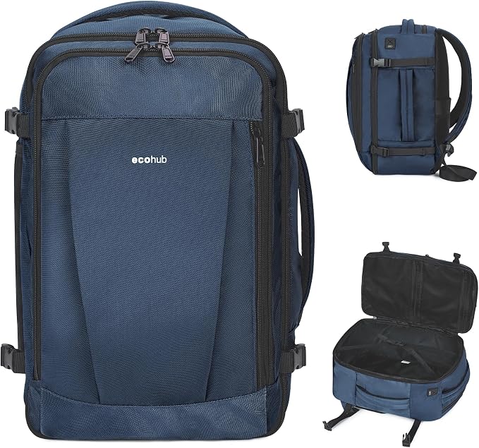 ECOHUB Travel Backpack 18x14x8 Frontier Airlines Personal Item Bag Blue | Carry On Backpack with 13 Pockets, Casual Daypack for Men Women Airline Approved Water Resistant Back pack with Charging Port