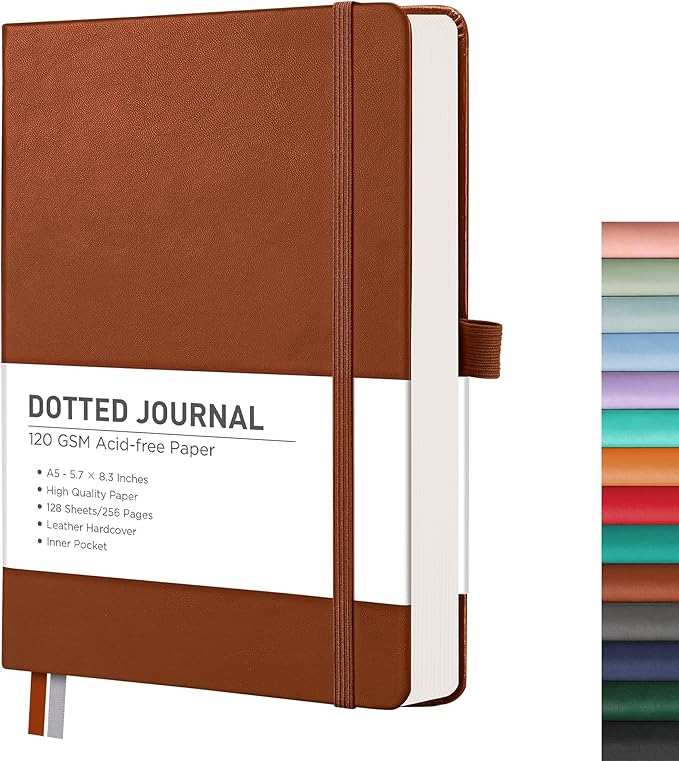 RETTACY Dotted Journal Notebook, 256 Pages, A5 Medium Size (5.7'' × 8.3''), Leather Hardcover, 120 GSM Thick Paper, for Journaling, Planning, Tracking (Brown)