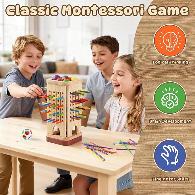 Montessori Game Wooden Board Game, Multiplayer for Kids 4-8, Math Educational, Fine Motor Skill Toy for Girls Boys, Classic Fun Games for Age 3 4 5 6 7 8 Girls Boys Gifts