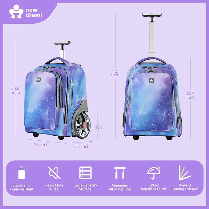 NEW TILAMI 20" Rolling Backpack for Teens Adults, Climbing Stairs Waterproof Backpack with Wheels for School Business Trave Camping with Laptop Compartment, Fit 17 Inch Laptop, Purple - Blue Fade