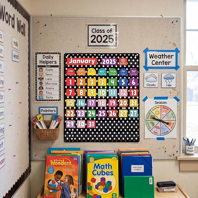 Gueevin 124 Pcs Classroom Calendar Bulletin Board Set Black and White Polka Dots Seasons Weather Calendar Chart Bulletin Board Display with Cards Festival Pocket Chart for Learning Decoration