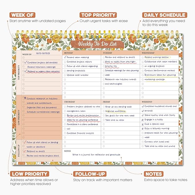 Taja Weekly To Do List Notepad with 52 Undated Sheets（8.5"×11"）- Weekly Desk Planner for Women & Man, Work and Home - 1 Pack Sunshine Field
