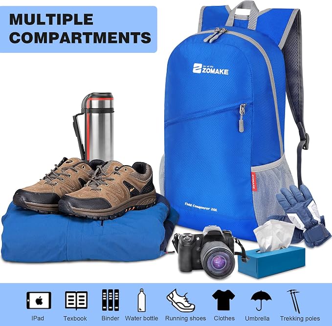 ZOMAKE Lightweight Packable Backpack 20L, Foldable Small Daypack for Hiking | Water Resistant Backpacks Day Bag for Travel Outdoor Camping Sport, Everyday Carry, Multi Compartment Storage(Dark Blue)