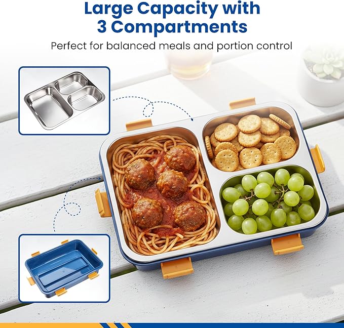 Bento Lunch Box for Kids Age 8+, Teens, Adults - 1000ml Stainless Steel School Lunchbox, 3 Compartments, Non-Microwavable, Compact BPA-Free Food Container for School Lunches, Snacks, Travel - Blue