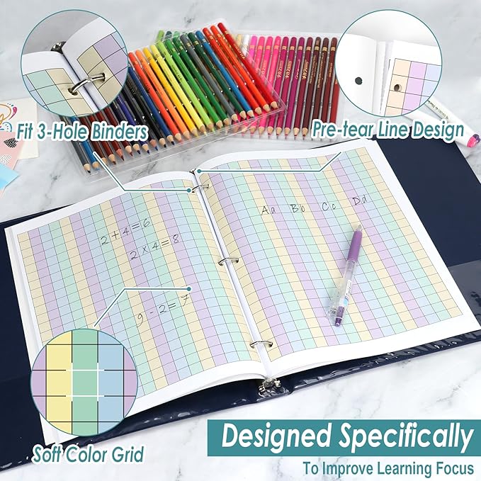 3 Pack Colored Graph Paper Notebook 8.5"x 11" Large Square Graph Paper for 3 Ring Binder 1/2 Inch Squares Math Grid Notebook 3 Hole Punch Graph Writing Paper for Kids School Dyslexia Dysgraphia