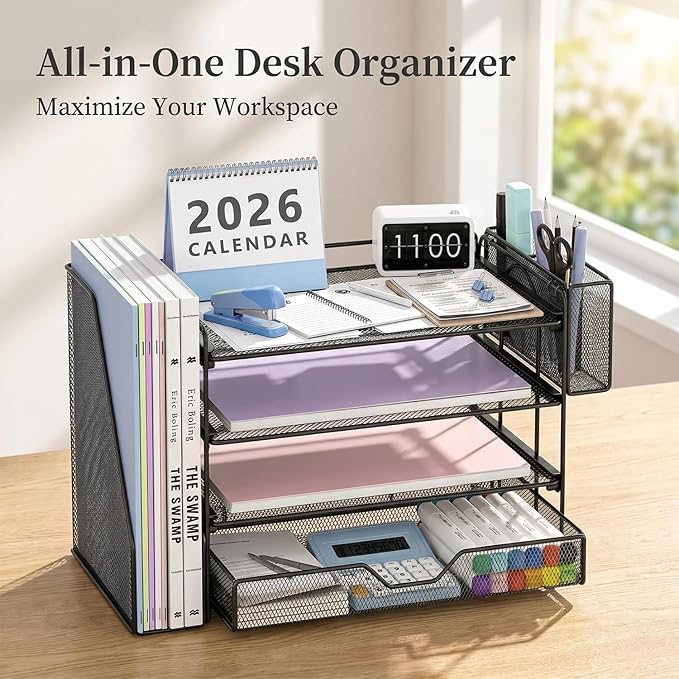 OPNICE Desk Organizers and Accessories, 4-Tier Workspace Desktop File Organizer with Drawer & Pen Holder, Paper Tray Organizer with File Holder, Office Desk Accessories for Home Office Supplies, Black