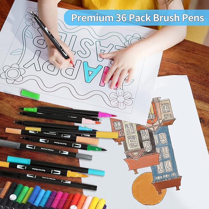 Upanic Brush Markers for Adults Coloring,36 Colors Art Markers Colored Pens for Bullet Journaling Note Taking Drawing Calligraphy Lettering,Art Office Supplies