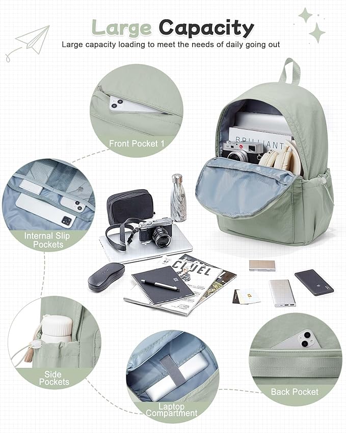 BJLFS Green Cute School Backpack with Laptop Compartment Small Travel Laptop Backpack for Women Men Waterproof College Backpack Simple School Bag for Teens Girls Boys