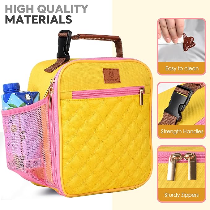 Genteen Kids Lunch Box Insulated Soft Mini Cooler with Bottle Holder, Lightweight Reusable Easy-Clean Lunch bag for Girls, Boys Back to School-Yellow