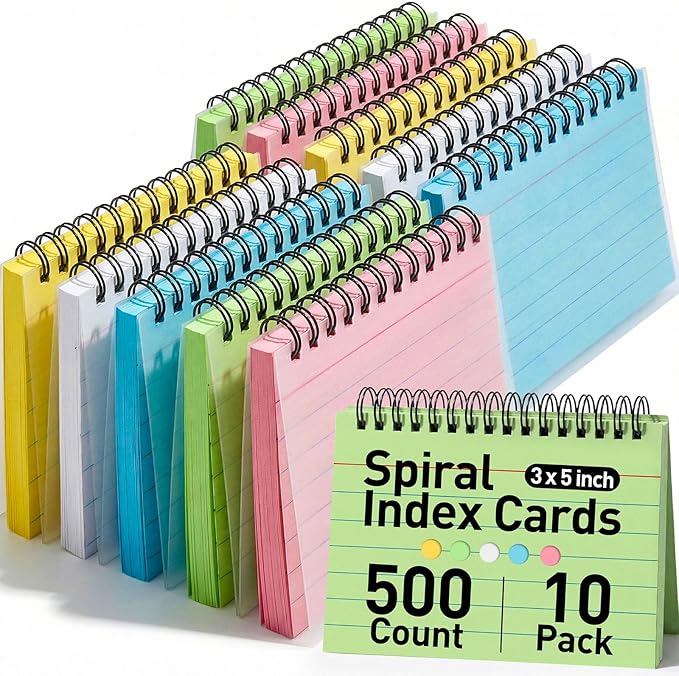 Koogel 500PCS Index Cards 3x5, Colored Ruled Index Cards with Rings for Back to School, Flashcards Heavy Notecards with Waterproof Covers for Studying School College To Do List Supplies, 5 Colors
