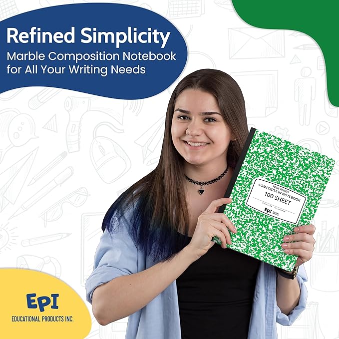 12 Pack - EPI Wide Ruled Marble Composition Notebook - Green 200 Page Note Book - 9.75 x 7.5 Inch Hardcover Journal with Sewn Binding for Secure Pages - Classroom Back to School Supplies