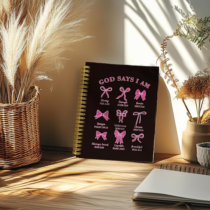 THDSE Bible Journal for Women, Christian Prayer Journal Notebook Gifts for Teen Girls Kids, Bible Study Supplies, Cute Bows Church Faith Journaling Hardcover Spiral Notebook 5.5 X 8.3(Black Pink)