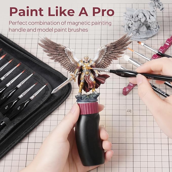 Nicpro Professional Miniature Painting Kit - 25PCS Miniature Paint Brushes Drybrush with Magnetic Painting Handle, Model Paint Brushes for Miniatures, Model, Craft, Acrylic Painting, with Nylon Bag