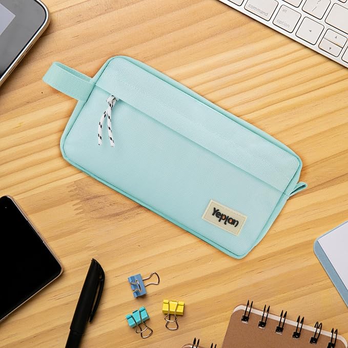 Yeplan Mint Green Pencil Case with Handle,Large Capacity Pencil Pouch | 3 Compartments Pencil Bag,Cute Pencil Case with Zipper,Stationery Storage for Teen and Adult,Pencil Case For Girls